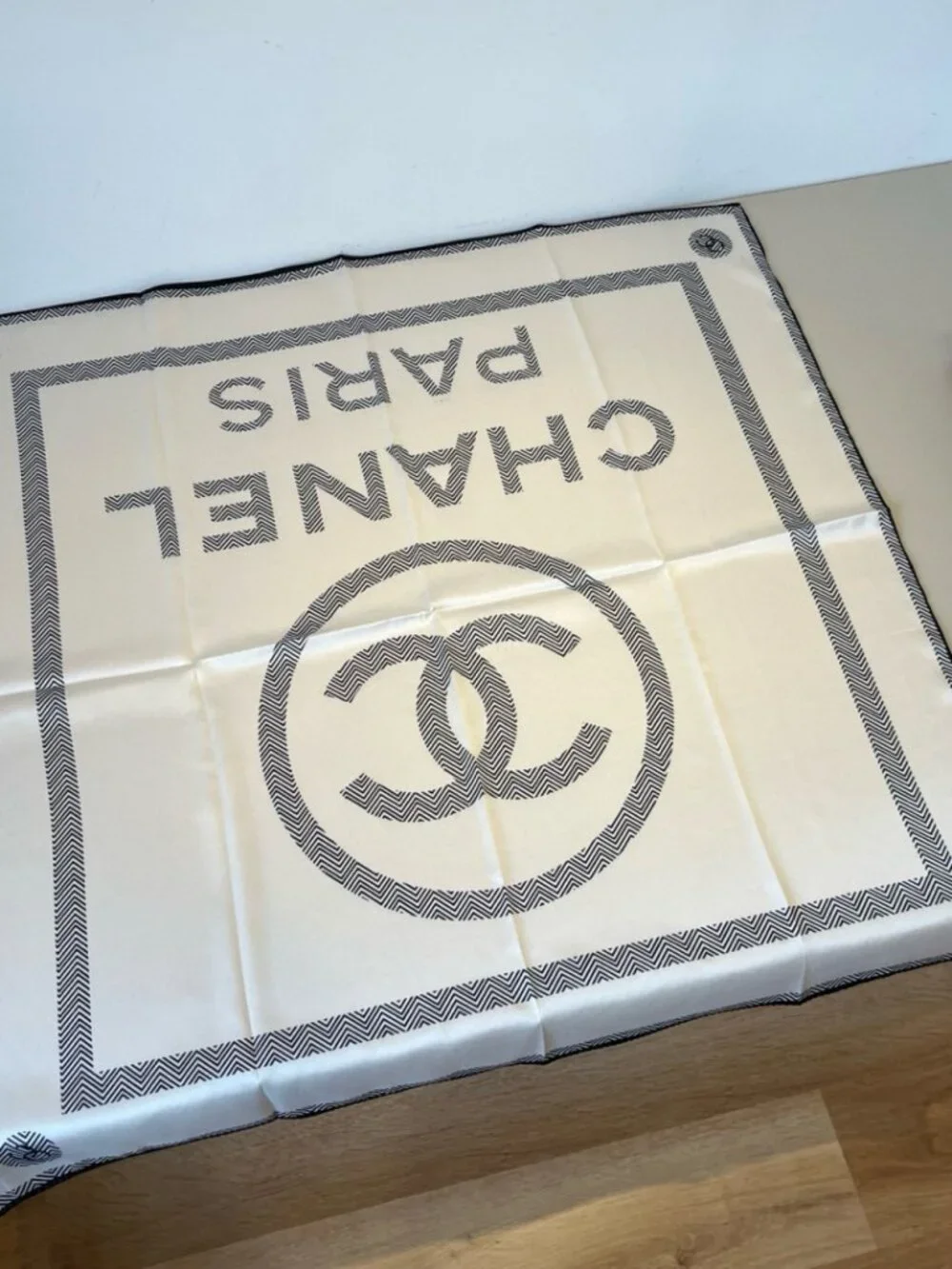 CHANEL Ivory Chevron CC Silk Scarf
